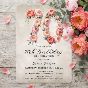 Invitación Peonías Rosadas al Acuarela Número 70 Cumpleaños