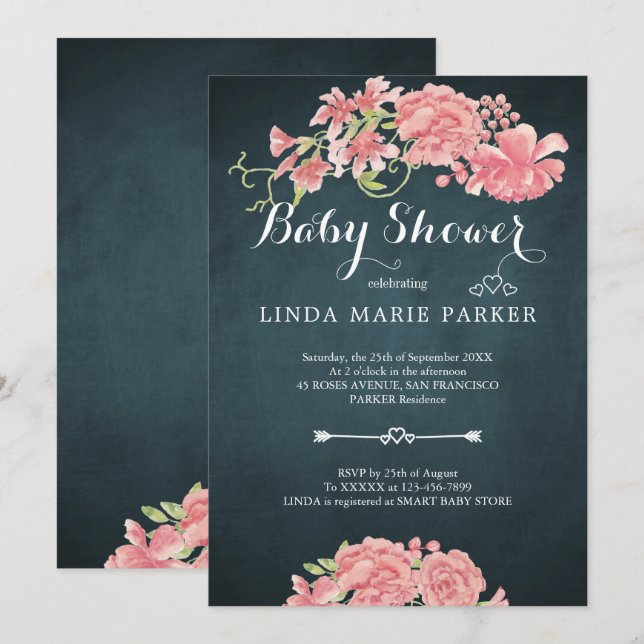 Invitación peonías rosadas azules de la marina ducha de bebé  (Anverso / Reverso)