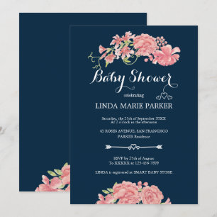 Invitación Peonías rosadas azules florales elegantes baby sho