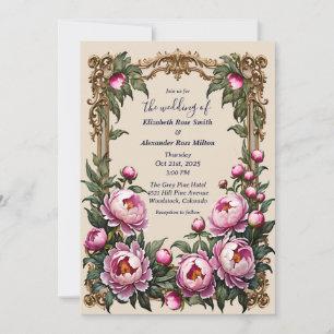 Invitación peonías rosadas con boda de cuadros de arte elegan