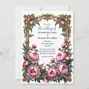 Invitación peonías rosadas con boda de cuadros de arte hermos