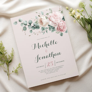 Invitación Peonías rosadas con follaje de eucalipto verde men