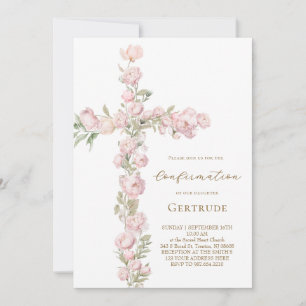 Invitación peonías rosadas cruz Confirmación