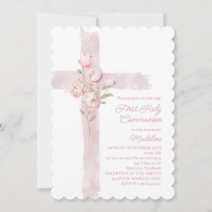 Invitación peonias rosadas cruz Primera Comunión
