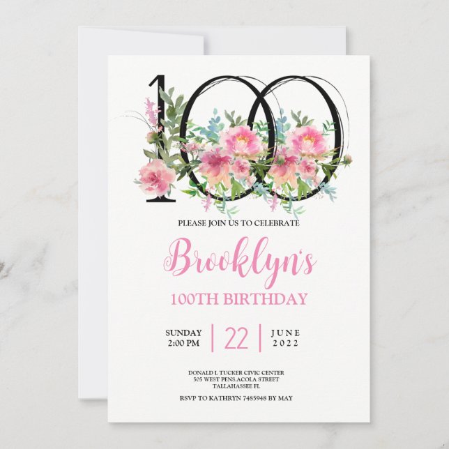 Invitación Peonías Rosadas Cumple 100 Años (Anverso)