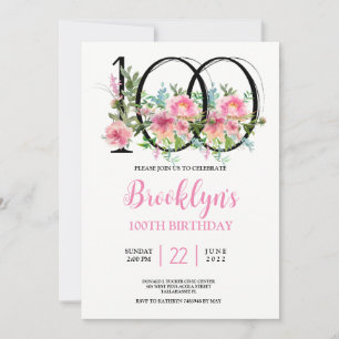 Invitación Peonías Rosadas Cumple 100 Años
