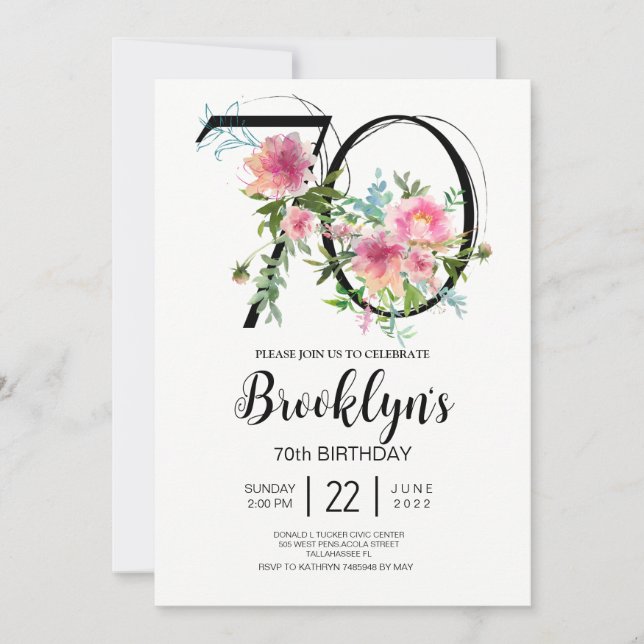 Invitación Peonías Rosadas Cumpleaños 70 (Anverso)