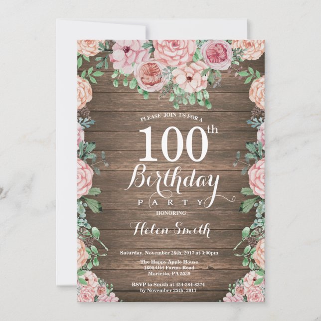 Invitación Peonías rosadas florales rústicas cumpleaños 100 (Anverso)