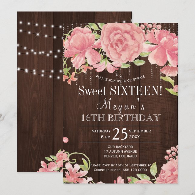 Invitación Peonías rosadas florales rústicas dulces dieciséis (Anverso / Reverso)