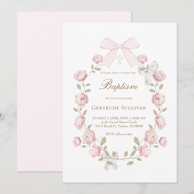 Invitación peonías rosadas flores Bautizo (Anverso / Reverso)