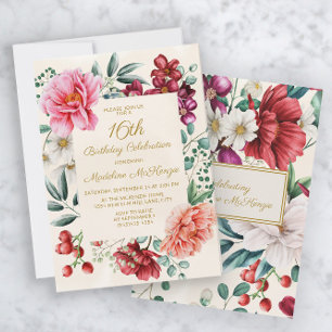Invitación Peonías Rosadas Hojas Florales de Borgoña Cumpleañ
