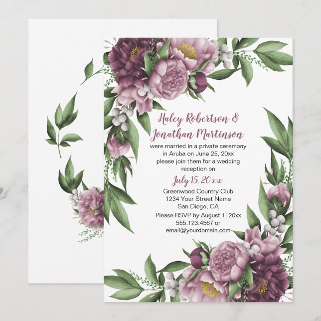 Invitación Peonías Rosadas Malva con Follaje Solo Recepción (Anverso / Reverso)