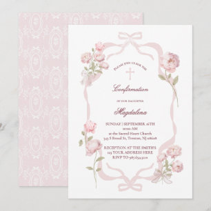 Invitación peonías rosadas niña de confirmación