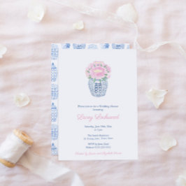 Invitación Peonías rosadas Preppy Jarrón Blanco Azul Despedid