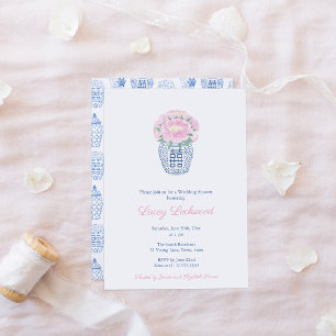 Invitación Peonías rosadas Preppy Jarrón Blanco Azul Despedid