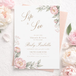 Invitación Peonías rosadas sonrojadas en flor Sip & See