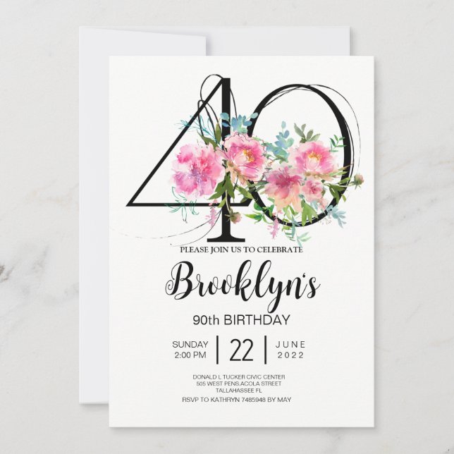 Invitación Peonías Rosas Cumpleaños 40 (Anverso)