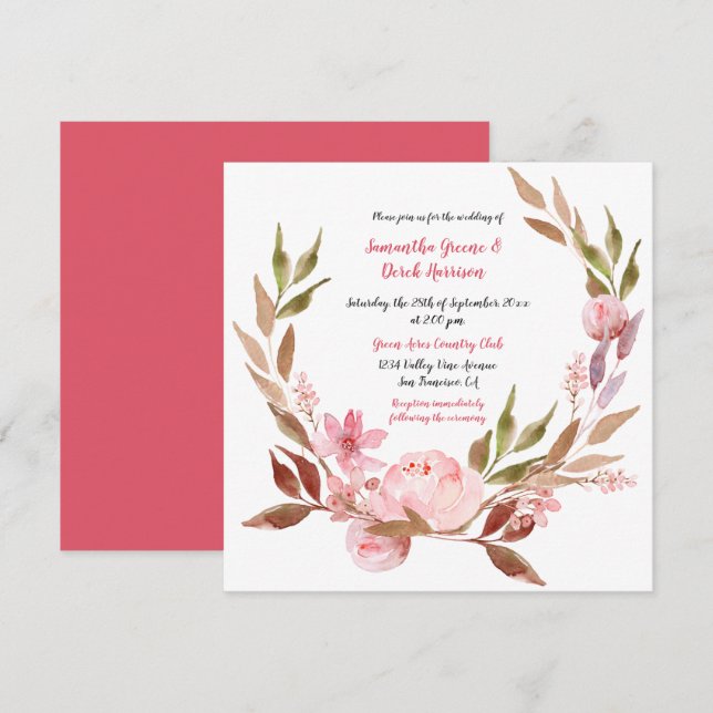 Invitación Peonías rosas, flores silvestres, Boda de guirnald (Anverso / Reverso)