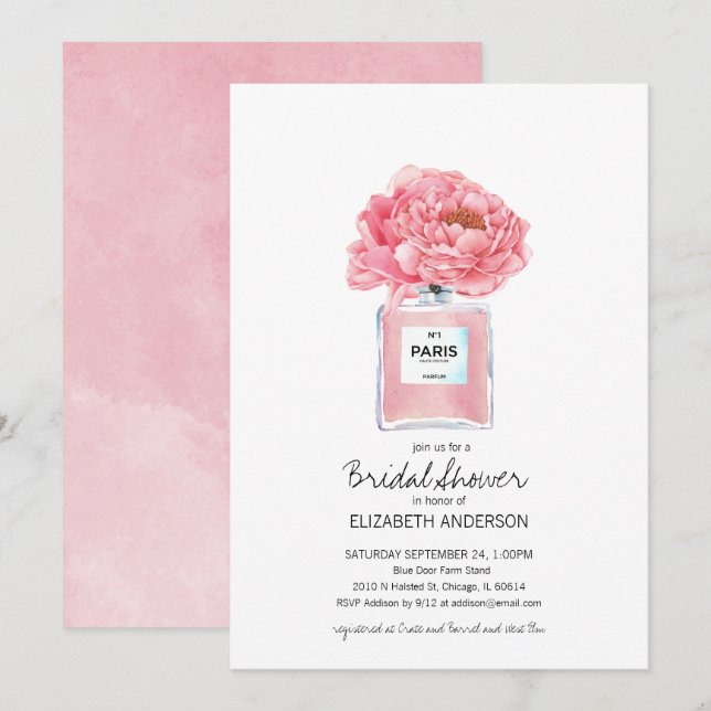 Invitación Peonías rosas y ducha de novias con flores perfume (Anverso / Reverso)