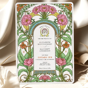 Invitación Peonías rosas y Naranjas florecen Boda Art Nouveau
