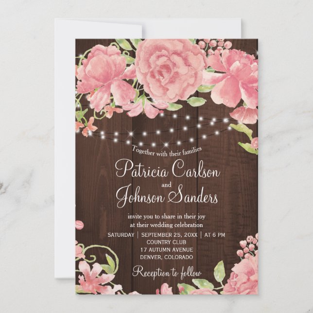 Invitación peonías rusas de rosado y luces en madera de grano (Anverso)