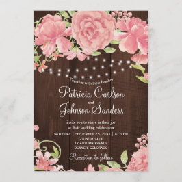 Invitación peonías rusas de rosado y luces en madera de grano