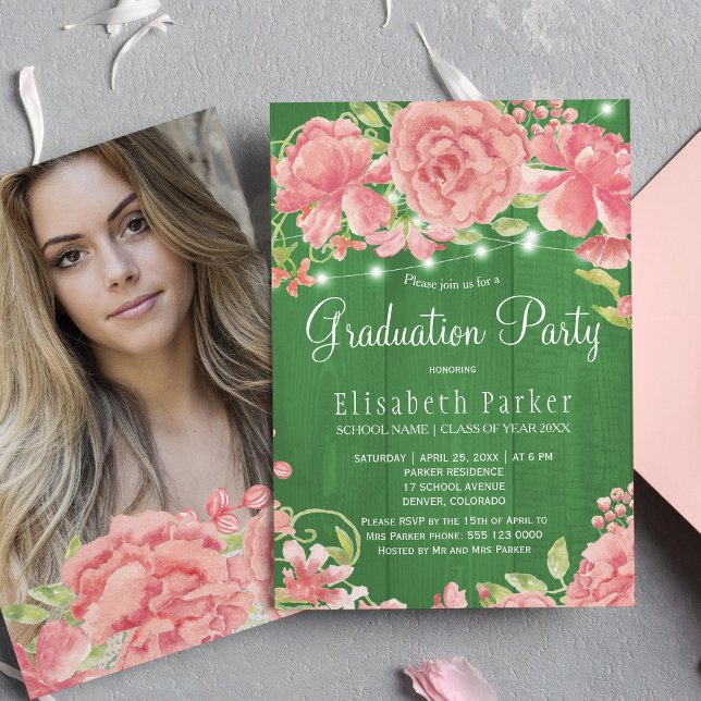 Invitación peonías rusticas de rubor rosado fiesta de graduac (Subido por el creador)