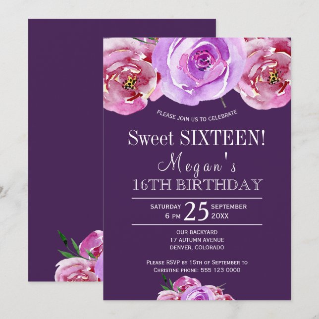 Invitación peonías violeta de plumas moda floral dulce diecis (Anverso / Reverso)