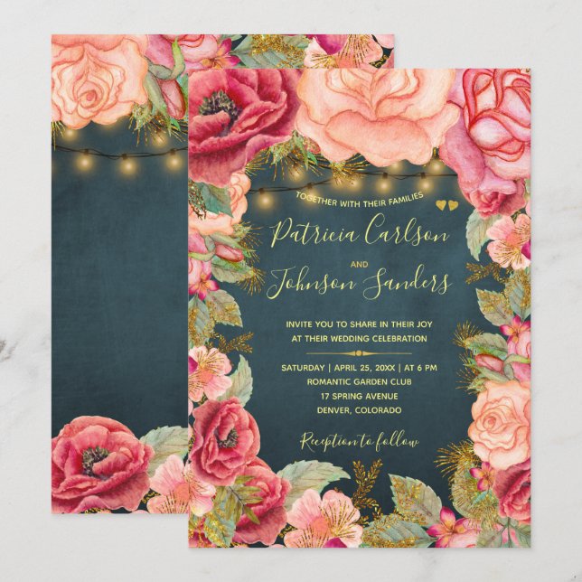 Invitación peonías y luces de ondulación de oro en boda de ma (Anverso / Reverso)