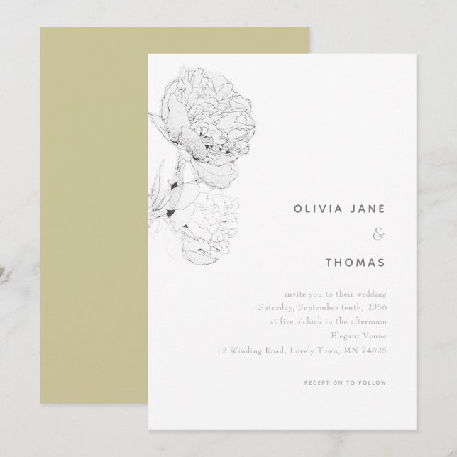 Invitación Peonies Black White Elegent Boda de Sketch floral (Anverso / Reverso)
