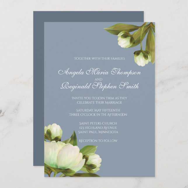 Invitación Peonies blancos con azul turbio (Anverso / Reverso)