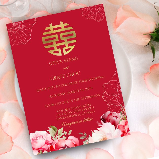 Invitación Peonies Boda chino doble felicidad asiática (Peonies Chinese Wedding Asian Double Happiness Invitation)