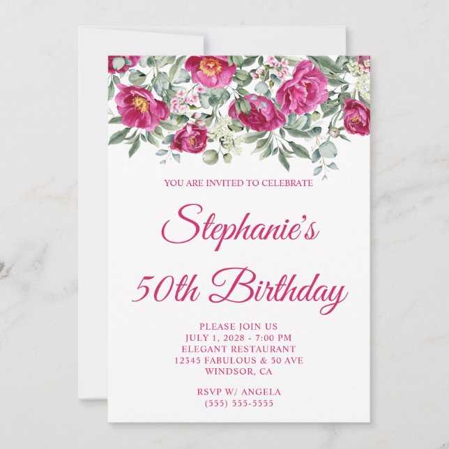 Invitación Peonies de acuarela rosa caliente 50 cumpleaños (Anverso)