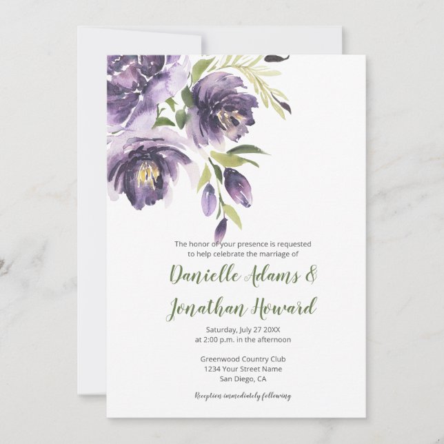Invitación Peonies de lavanda morada - Boda dorsal verde (Anverso)