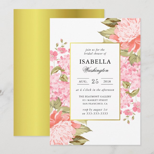 Invitación Peonies de marco dorado e hidrángulos Ducha de nov (Anverso / Reverso)