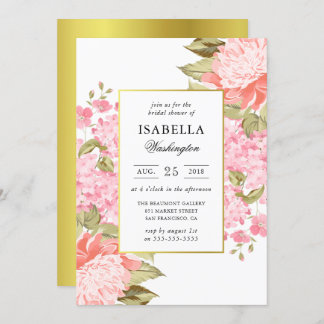 Invitación Peonies de marco dorado e hidrángulos Ducha de nov