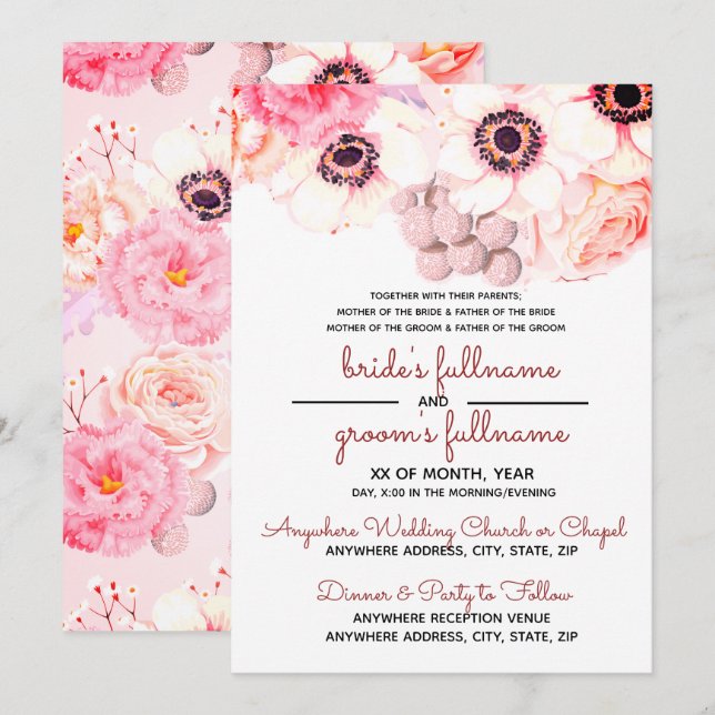 Invitación Peonies en tonos rosados Boda de diseño simple (Anverso / Reverso)
