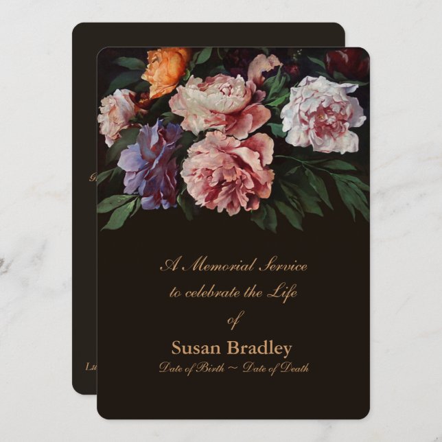 Invitación Peonies Floral Painting 2 Memorial Service (Anverso / Reverso)