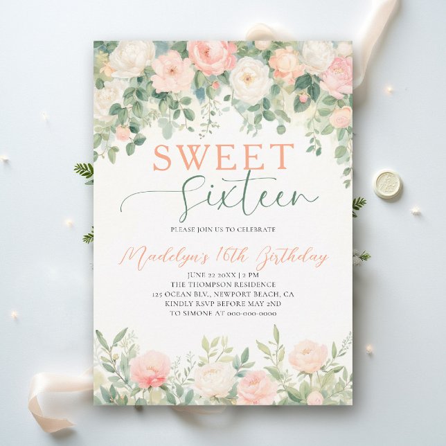 Invitación Peonies Floral Peach Pink Script Elegant Sweet 16 (sweet sixteen birthday party invitation peony floral peach pink green script elegant classy)
