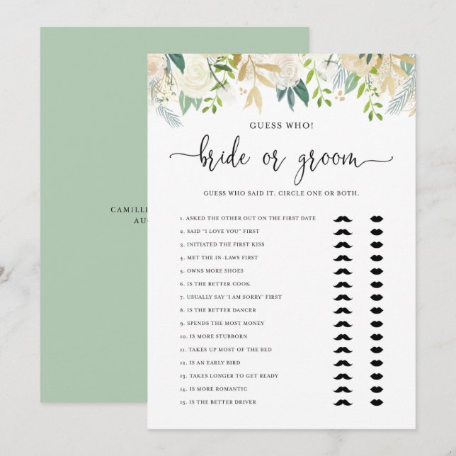 Invitación Peonies Gold Purpurina Novia o Groom Shower Game (Anverso / Reverso)