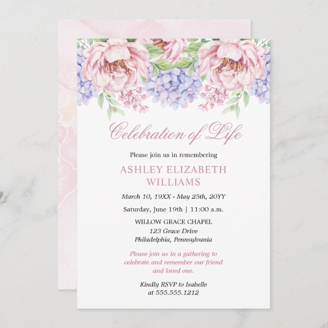 Invitación Peonies | Hidrangeas Celebración Floral de la Vida (Anverso / Reverso)