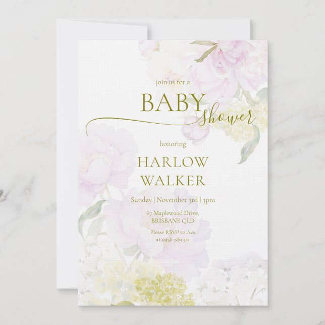 Invitación Peonies Hydrangea Pastel Watercolor Baby Shower (Anverso)