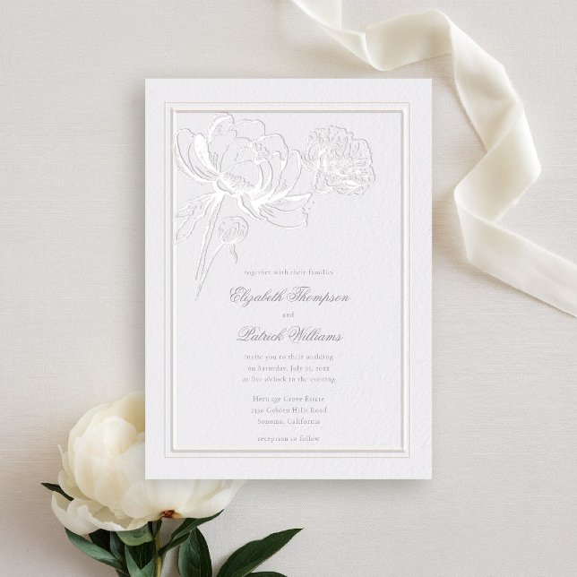 Invitación Peonies Marfil Boda de tipo moderno elegante forma (peony wedding invitation formal traditional modern classic typography calligraphy double frame ivory)