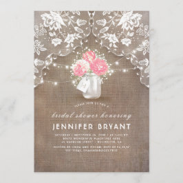 Invitación Peonies Mason Jar Lace y Burlap Bridal Shower