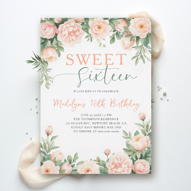 Invitación Peonies Peach Pink Floral Elegant Script Sweet 16 (sweet sixteen birthday invitation peony floral peach pink green script elegant classy watercolor)