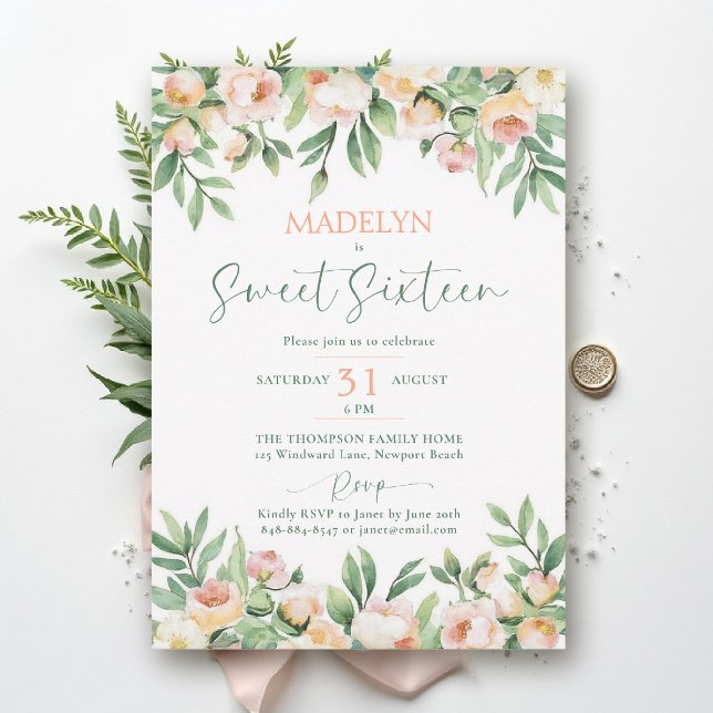 Invitación Peonies Peach Pink Script Elegant Floral Sweet 16 (sweet sixteen birthday invitation peony floral peach pink green script elegant classy formal)