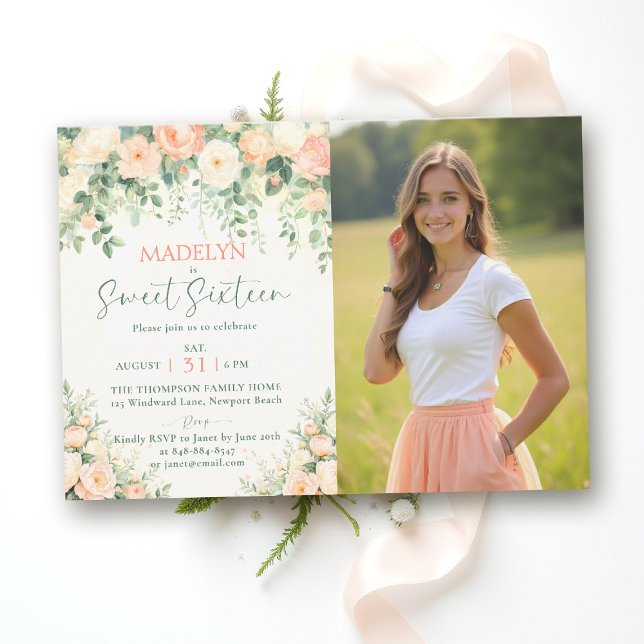 Invitación Peonies Pink Peach Elegant Script Photo Sweet 16 I (sweet sixteen birthday invitation peony floral peach pink green script elegant classy photo chic)