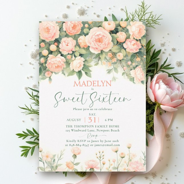 Invitación Peonies Pink Peach Script Elegant Floral Sweet 16 (sweet sixteen birthday invitation peony floral peach pink green script elegant classy chic)