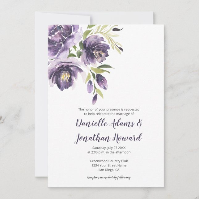 Invitación Peonies Purple Lavender - Boda Purple Back (Anverso)