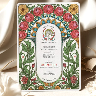 Invitación Peonies rojos y rosas amarillas Boda Art Nouveau